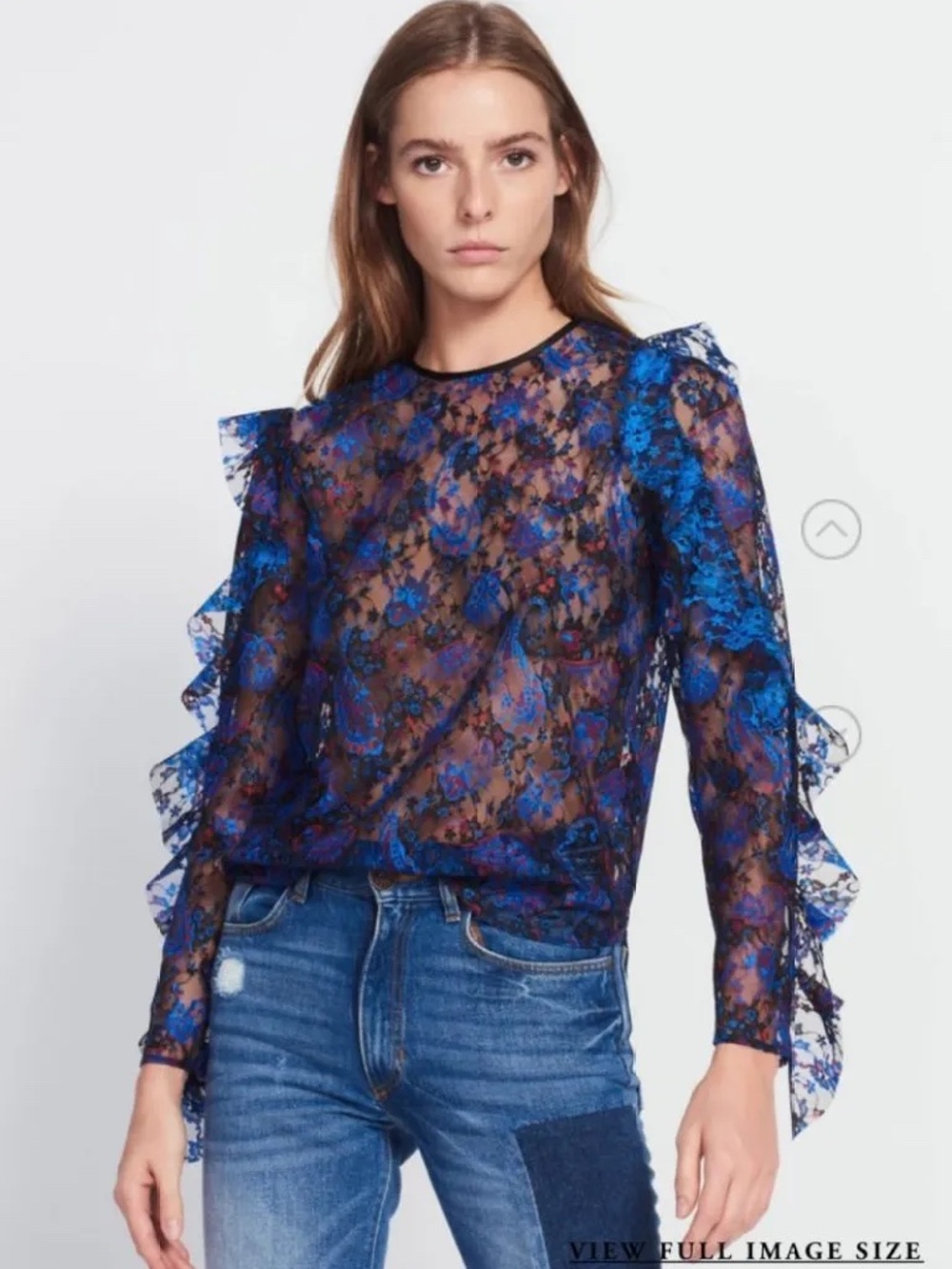 Sandro Blue and Black Ruffled Bell Sleeve Blouse L